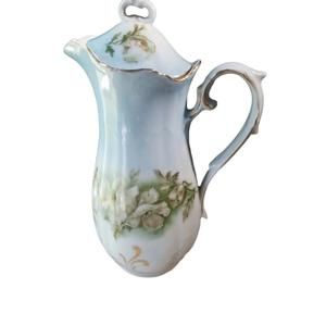 Vintage Porcelain Pitcher Vase Lid Floral Blue Ivory Gold flowers elegant sky